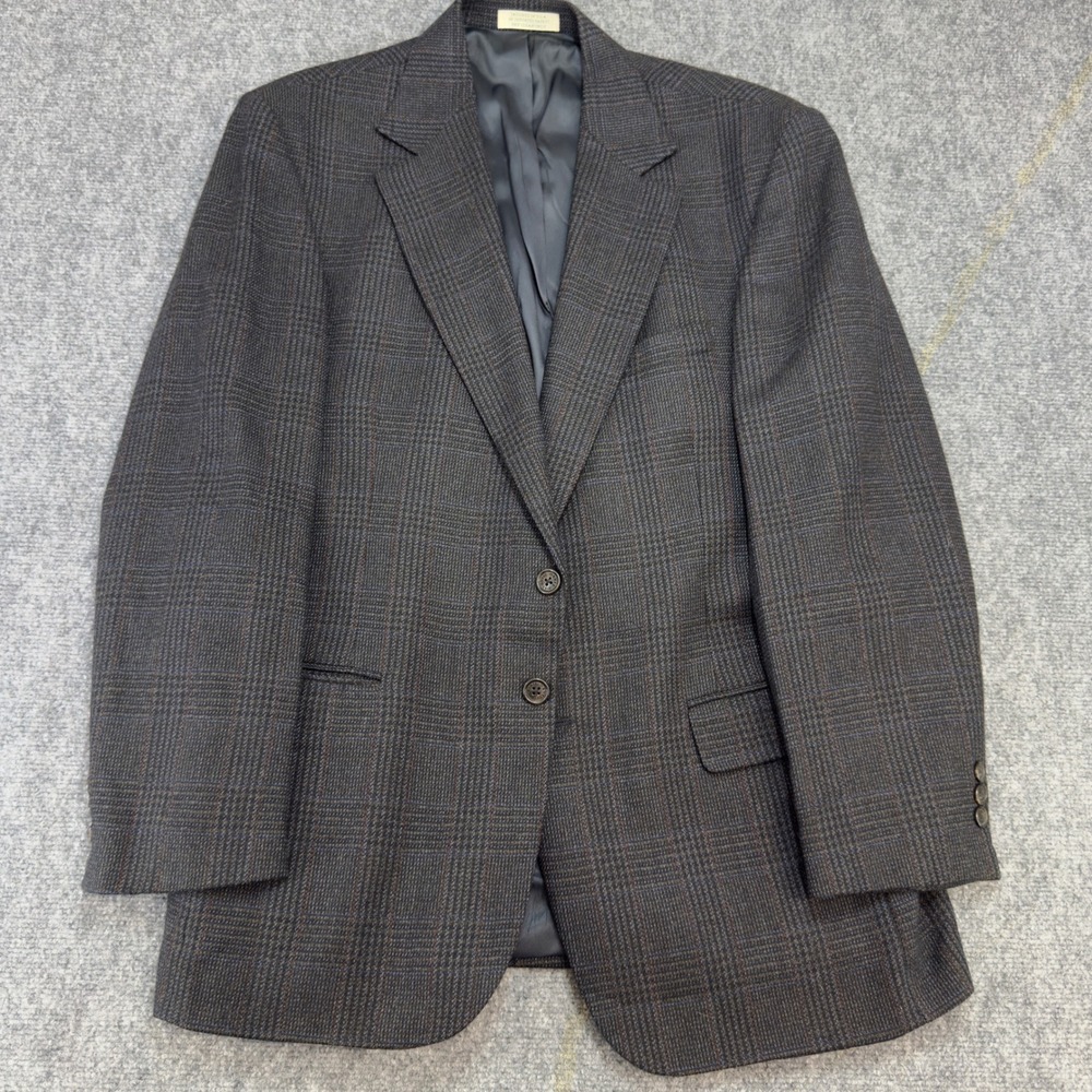 Orvis Mens Plaid Two Button Blazer Sport Coat Black Blue Lambswool Cashmere